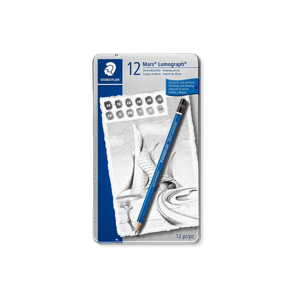 Caixa Metal com 12 Lápis de Grafite Staedtler Lumograph 100