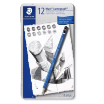 Caixa metálica 12 lápis grafite Staedtler Lumograph 100
