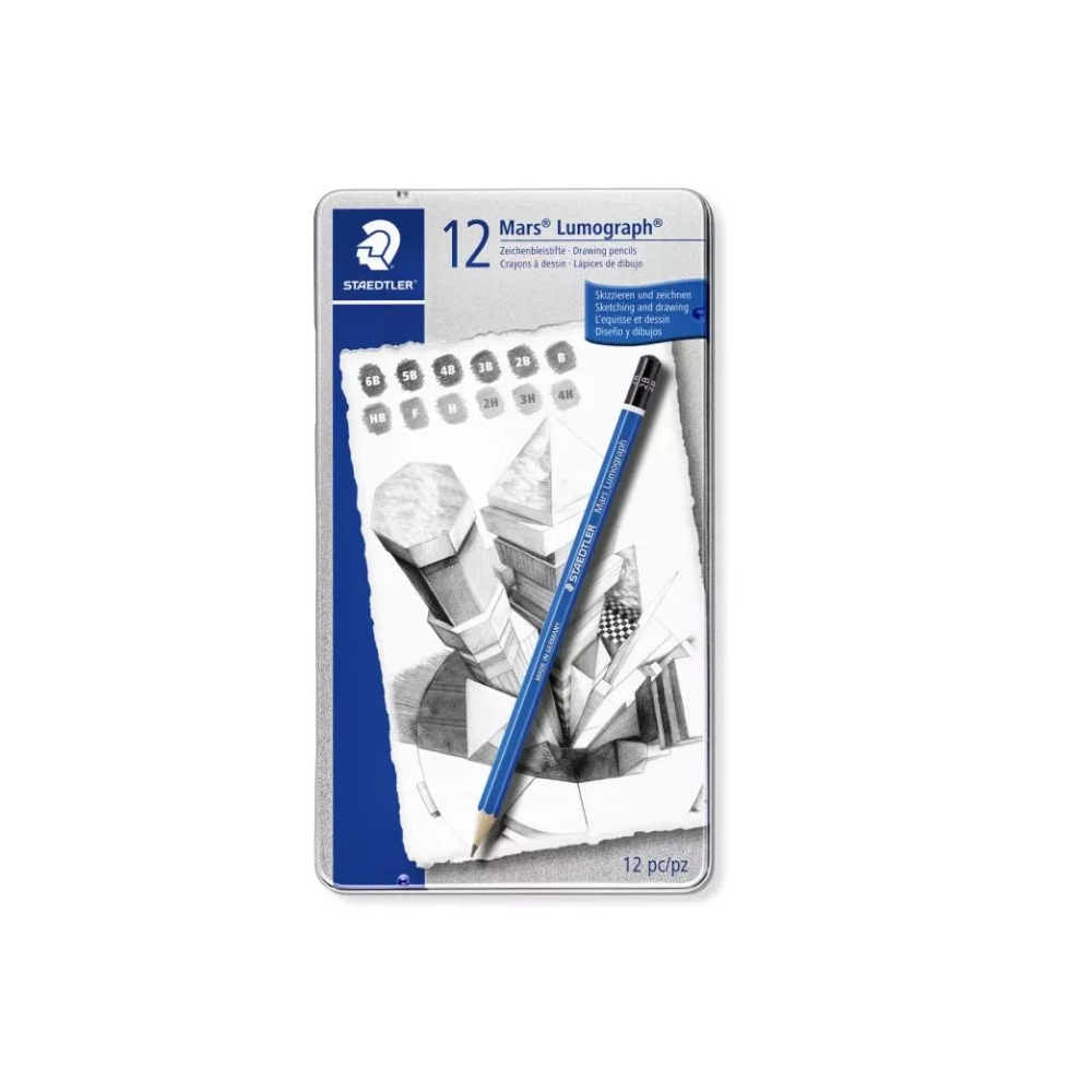Caixa metálica 12 lápis grafite Staedtler Lumograph 100